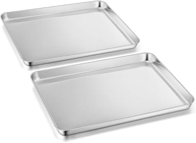 Dailygoods - Herogo Bakplaat, set van 2, roestvrij staal, grote rechthoekige ovenplaat, taartplaat, vetpan voor bakken, koken, serveren, spiegelafwerking en niet giftig, vaatwasmachinebestendig, zilver (31,4 x
