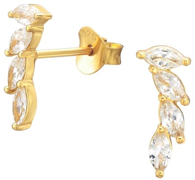 Joy|S - Zilveren elegante bloem oorbellen - marquise zirkonia ovale blaadjes / takje oorknoppen - 12 x 5 mm - gold plated