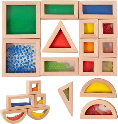 Houten Stapelblokken - Zintuiglijk Speelgoed - Educatief Spel - 15 Delig Set - 31x23x5 cm
