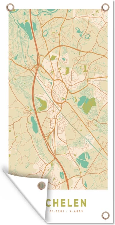 Schuttingposter Kaart - Retro - Vintage - Mechelen - Plattegrond - Stadskaart - 100x200 cm - Tuindoek