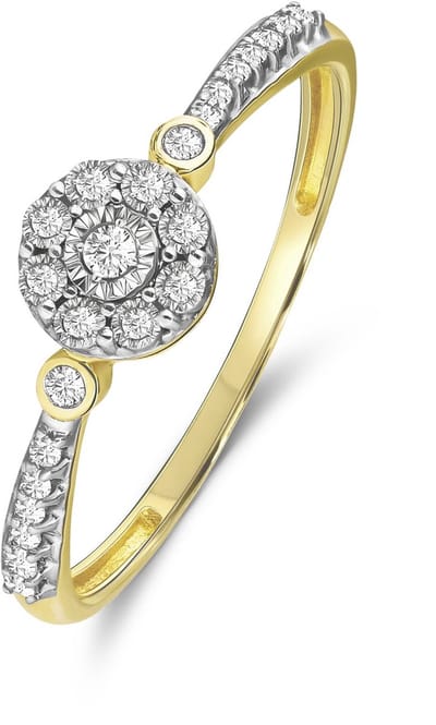 Lucardi Dames 14K geelgouden entourage ring 23 diamanten 0,10ct - Ring - 14 Karaat Goud - Geelgoud - 19.5 / 62 mm