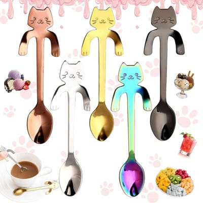 Set van 5 Mini Theelepels met Kattenontwerp van RVS voor Koffie, Thee en Desserts - Perfect voor Melk, Soep en Suikerspullen