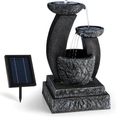 blumfeldt Sierfontein Fantaghiro met waterpartij - tuinfontein , 3 niveaus , geïntegreerde verlichting , 3 W zonnepaneel , onafhankelijk van netstroom dankzij oplaadbare batterij , polyresin , natuursteen look , zwart - Waterspel - voor Tuin voor