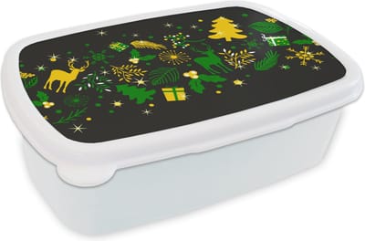 Broodtrommel Wit - Lunchbox - Brooddoos - Kerst - Patroon - Hert - 18x12x6 cm - Volwassenen
