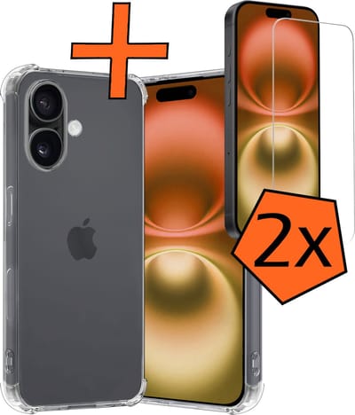 Hoes - Met Screenprotector - 2 Stuks - Geschikt voor Apple iPhone 16 - Sterk & Shockproof - Siliconen Case - Back Cover - Telefoon Hoes - Shock Proof - Transparant