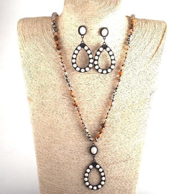 Sorprese Marble Boho creme - ketting - inclusief - oorbellen - kralenketting - Drop hanger - 86 cm - cadeau - Model Z