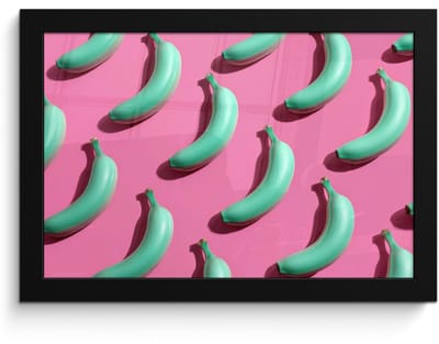 Poster in lijst - Fotolijst 30x20 cm - Posters - Bananen - Patroon - Blauw - Roze - Posterlijst zwart - Decoratie - Wanddecoratie woonkamer - Muurdecoratie slaapkamer