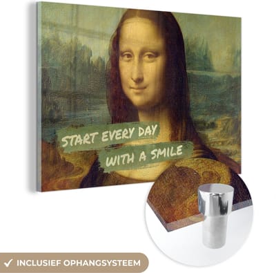 MuchoWow® Glasschilderij 120x80 cm - Schilderij acrylglas - Mona Lisa - Quote - Da Vinci - Foto op glas - Schilderijen