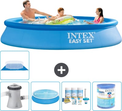 Intex Rond Opblaasbaar Easy Set Zwembad - 305 x 61 cm - Blauw - Inclusief Pomp - Solarzeil - Onderhoudspakket - Filter - Grondzeil - Stofzuiger - 7-delig