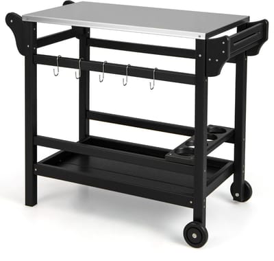 Buitenkeuken op Wielen – BBQ Trolley – Met Opbergkast & Planken – Werktafel voor Buiten – Hout & Metaal – Multifunctioneel – Zwart