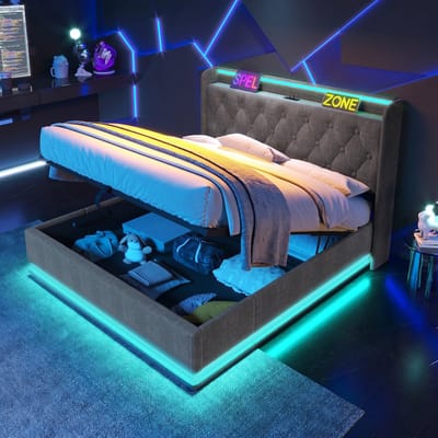 VVBV Gestoffeerd Opbergbed 140x190 cm - LED, USB-C, Hydraulische Opbergruimte, Lattenbodem, Linnen, PU-Leer, Zonder Matras