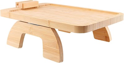 MOUYAT Set of 2 Bamboo Sofa Arm Table, Sofa Armrest, Tray, 35 x 24 x 1.8 cm, Foldable Stable Armchair Drawer Table for Remote Control, Drinks