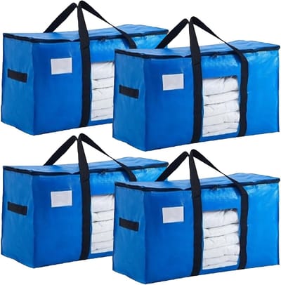 Grote blauwe verhuistas met doorzichtig venster, 100 l, waterdicht en ideaal voor beddengoed en kledingopslag