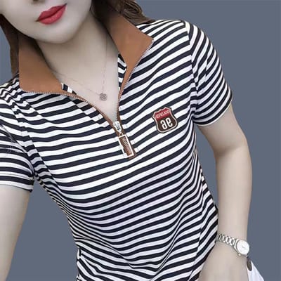 Zomer Nieuw T-shirt met Halve Rits en Korte Mouwen Dames Top Veelzijdige Revers Losse Grote Maat Middenleeftijd Moeder POLO Shirt M white