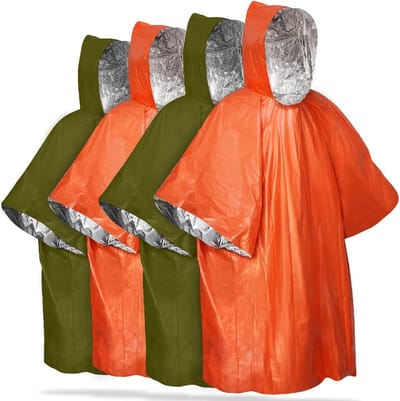 MDUG 4 noodregenponcho's - Groen en oranje - Herbruikbaar - Weerbestendig - Geschikt voor mannen en vrouwen - Ideaal voor kamperen, wandelen, noodvoorraden en survivalpakketten
