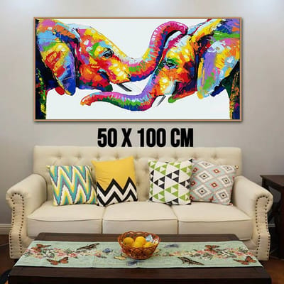 Allernieuwste.nl® Canvas Schilderij Liefdevolle 2 Olifanten 50 x 100 cm – Kleur - Dieren - Muurdecoratie Woonkamer - Wanddecoratie - Poster