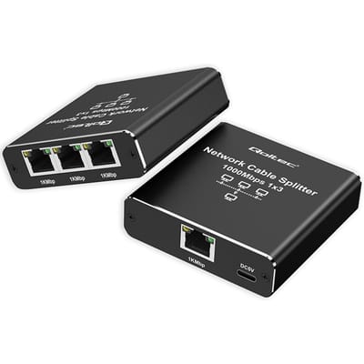 Qoltec Mini SWITCH 1x3 RJ45 Ethernet-splitter |   1000 Mb/s |   USB-C |   Aluminium