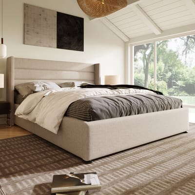 Hydraulisch opbergbed 140x200 cm - Gestoffeerd tweepersoonsbed inclusief matras - Linnen - Beige
