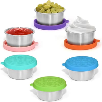 Herbruikbare Saladedressingcontainer - 6x1,4 Oz - Geschikt voor Meeneem - Past in een Bentobox voor de Lunch - Roestvrijstalen Sauscontainers met Siliconen Deksels - Gemakkelijk te Openen en Lekvrij - Set van Kleine Dipsausbekers in Regenboogkleuren