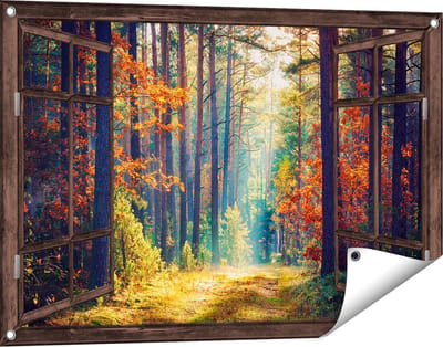 Gards Tuinposter Doorkijk Herfstbos met Zonneschijn - Kleur - 90x60 cm - Tuindoek - Tuindecoratie - Wanddecoratie buiten - Tuinschilderij
