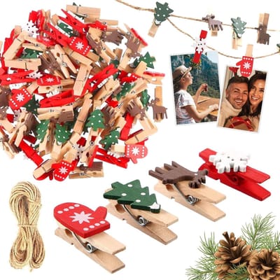 Houten kerstknijpers, 50 stuks, kerstclips, kerstwasknijpers, mini-houten knijpers, voor het versieren van Kerstmis, fotowanden enz.