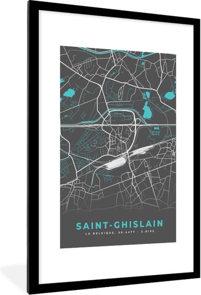 Fotolijst incl. Poster - Stadskaart – Grijs - Kaart – Saint Ghislain – België – Plattegrond - 80x120 cm - Posterlijst