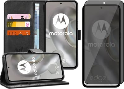 Hoesje geschikt voor Motorola Edge 30 Neo - Privacy Screenprotector Volledig Dekkend Glas - Portemonnee Book Case Zwart