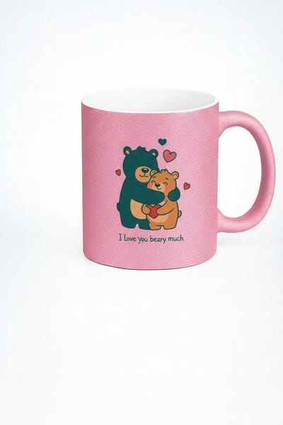 Roze Glitter Mok met Liefdevolle Knuffelberen & 'I Love You Beary Much' Tekst - Uniek Cadeau
