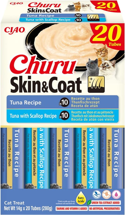 INABA CIAO Churu Skin & Coat Creamy Puree Kattensnack Liquid Tonijn variëteiten 20x14g