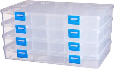 Set van 4 plastic opbergdozen met 18 vakken, verstelbare verdelers voor sieraden, earring opbergbox en doorzichtige kralendoos (24 x 14.5 x 3 cm, vak: 4 x 3.5 x 2.5 cm) voor georganiseerd bewaren