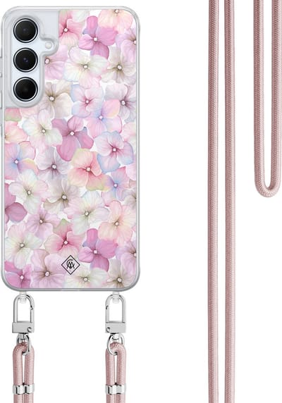 Casimoda® hoesje met koord - Geschikt voor Samsung A55 - Hortensia - Afneembaar koord - TPU/polycarbonaat - Paars