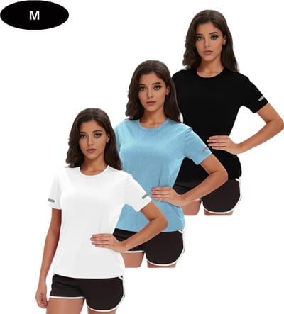 Livano Sportshirt Dames - Sport - Fitness - Compressie Shirt - Corrigerend Hemd - Sportkleding - Vrouwen - 3 Stuks - Zwart + wit + Blauw - M