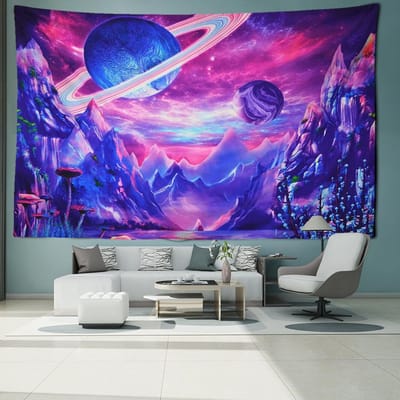 Paarse Planeet Kosmisch Wandtapijt Muurhanger Abstract Kleurrijk Hekserij Esthetiek Kamer Hippie Tapijt Slaapzaal Decor 95x70CM blue