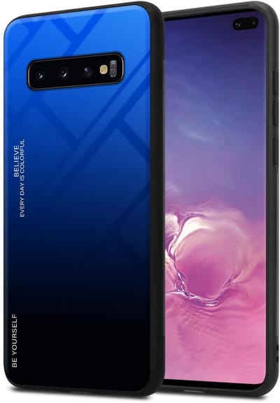 Cadorabo Hoesje geschikt voor Samsung Galaxy S10 PLUS in BLAUW - ZWART - Tweekleurige beschermhoes van TPU-silicone Case Cover en achterzijde van gehard glas
