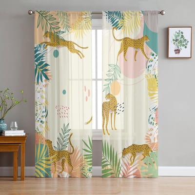 Luipaard Tropische Palm Schildpad Bamboe Voile Transparante Gordijnen Woonkamer Raam Tule Gordijn Keuken Slaapkamer Gordijnen Huisdecoratie 135W x 114H(cm) white