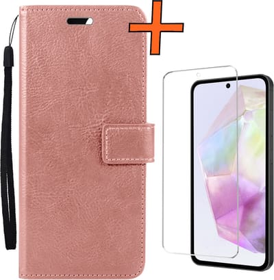 Hoes - Met Screenprotector - Geschikt voor Samsung Galaxy A35 - Luxe Pasjeshouder - Bookcase Portemonee - Flip Case - Kunstleer Book Case - Flipcase - Book Cover - Walletcase - PortemonneeHoes - Rosé goud