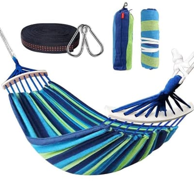 Dubbele hangmat 280 x 150 cm - Ideaal voor buiten, kamperen en tuin - Draagbaar en ademend, belastbaarheid tot 300 kg - Blauwe strepen