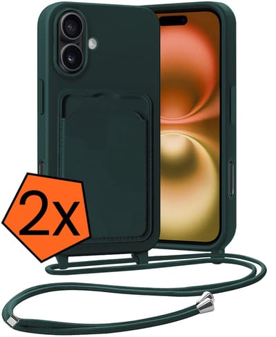 Hoesje Geschikt voor iPhone 16 Plus Hoesje Met Telefoonketting Pasjeshouder Case Koord - Hoesje Geschikt voor iPhone 16 Plus Hoes Met Kaarthouder - Donkergroen - 2 PACK