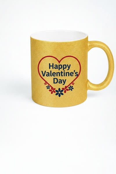 Gouden Glitter Valentijnsmok - Happy Valentine's Day Mok met Hart & Bloemen Design