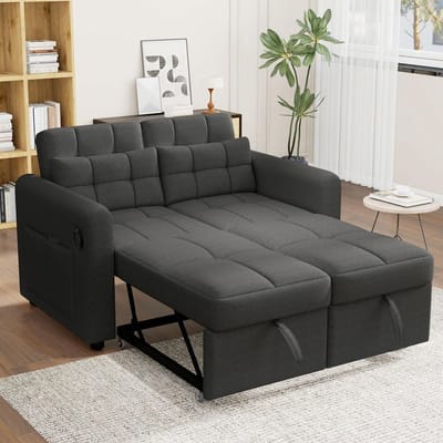 Slaapbank 2-zits 187 x 106 cm - Uitschuifbare Multifunctionele Bank met USB, Type-C, Bekerhouders, Opbergtas en Kussens - zwart - Vermissen