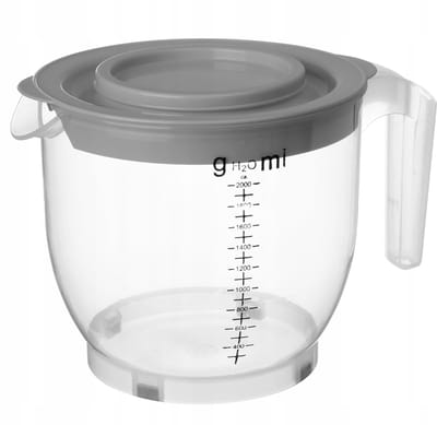 KADAX Maatbeker, inhoud: 2 liter, maatbeker van kunststof, mengbeker met deksel, maatschaal, milliliter, gram, afgeronde handgreep, schenktuit, spatbescherming, maatbeker (grijs)