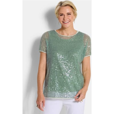 Blouse met pailletten en topje van viscose-satijn - salie - Gr. 19 van Goldner Fashion
