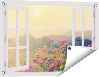 Gards Tuinposter Doorkijk Bloemenveld met Kosmos - Zonsondergang - 60x40 cm - Tuindoek - Tuindecoratie - Wanddecoratie buiten - Tuinschilderij