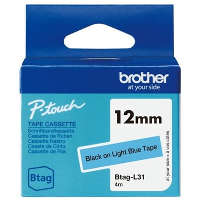 Brother Btag-L31 niet-gelamineerde tape zwart op lichtblauw 12 mm (origineel)