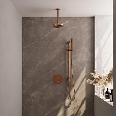Brauer Copper Edition thermostatische inbouw regendouche 3-weg rond SET 89 met 20 cm douchekop en plafondarm en staaf handdouche en doucheslang en geïntegreerde glijstang koper geborsteld PVD