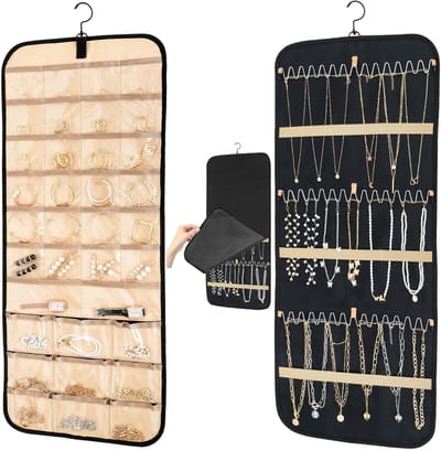 Famanu – Ketting organizer met stofdichte cover, hangende sieradenhouder met draaibare metalen haak voor overzichtelijk ophangen, zwart