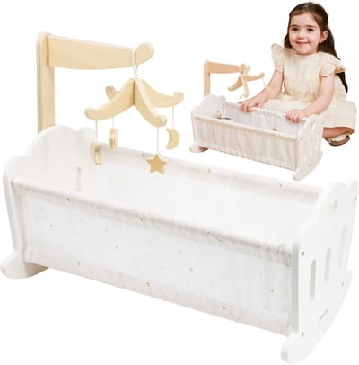 PolarB Houten Poppenwieg met Mobiel - Poppenbed Inclusief Dekbed en Kussen - Wit Houten Wiegje voor Poppen tot 38 cm - Speelgoed vanaf 3 Jaar