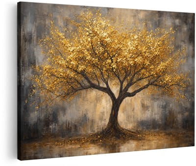 Artaza Canvas Schilderij Boom Met Gouden Bladeren - Klassiek En Sfeervol - 90x60 cm - Wanddecoratie Woonkamer - Schilderijen - Muurdecoratie