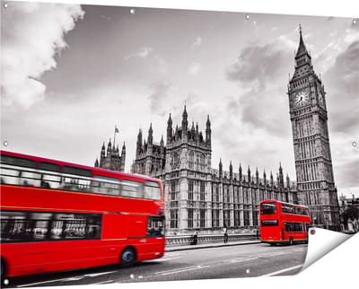 Gards Tuinposter Rode Bussen in Londen - Retro - 150x100 cm - Tuindoek - Tuindecoratie - Wanddecoratie buiten - Tuinschilderij