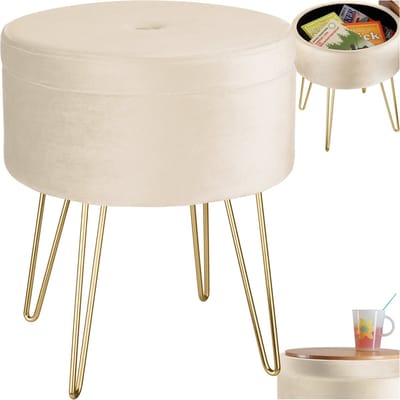 tectake® Kruk met opbergruimte - Ronde poef van fluweelstof - Tot 300 kg belastbaar - Gewatteerd - Afneembare deksel - Groot opbergvak - Goudkleurige poten - Afmeting (ØxH) 37,5 x 44,5 cm - Crème